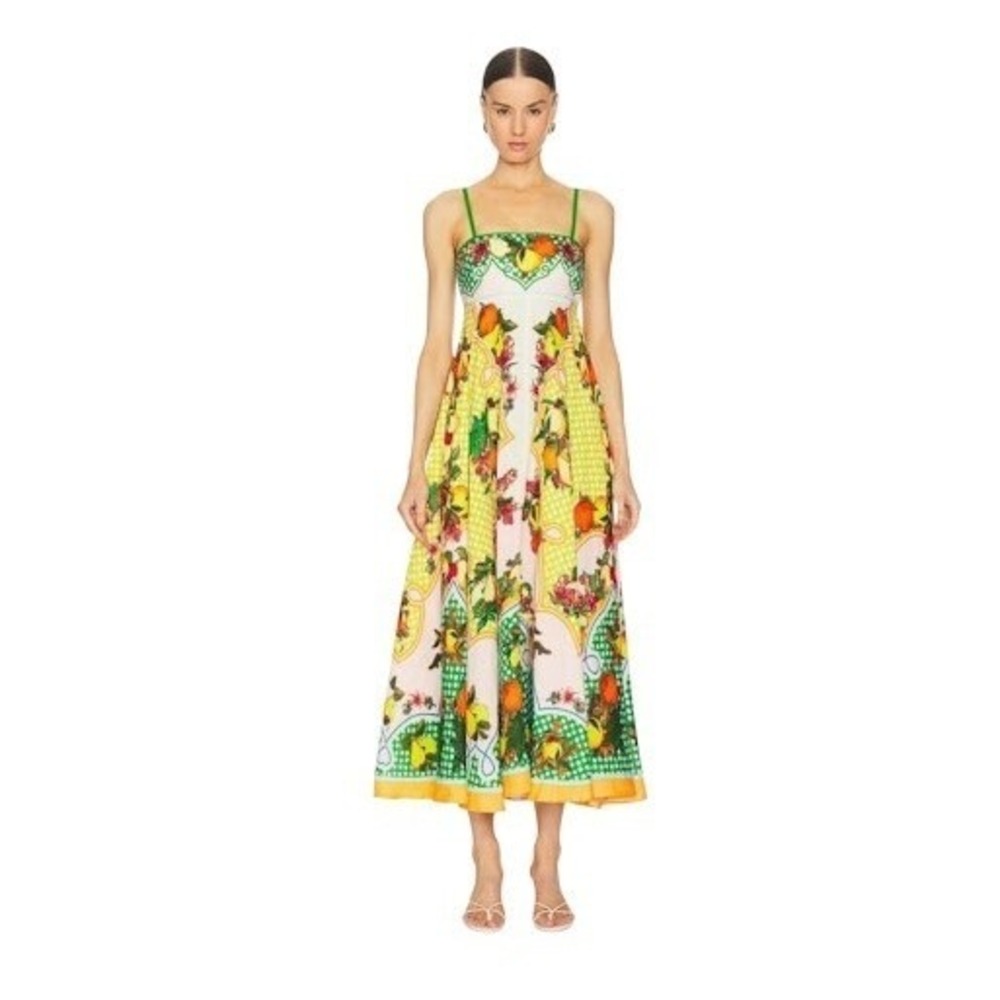 House‎ of Harlow 1960 Fruit Floral Polka Dot Linen Blend Midi Dress Green Large